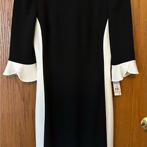 DKNY Elegant Black and White Midi Sleeve Dress